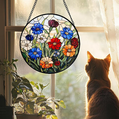 Stained Glass Suncatcher, Colorful Flowers Green Leaf Sun Catcher Landscape Stain Glass Window Hanging Decoration Mother's Day Birthday Gifts for Women Men Mom Nana 9.8 in