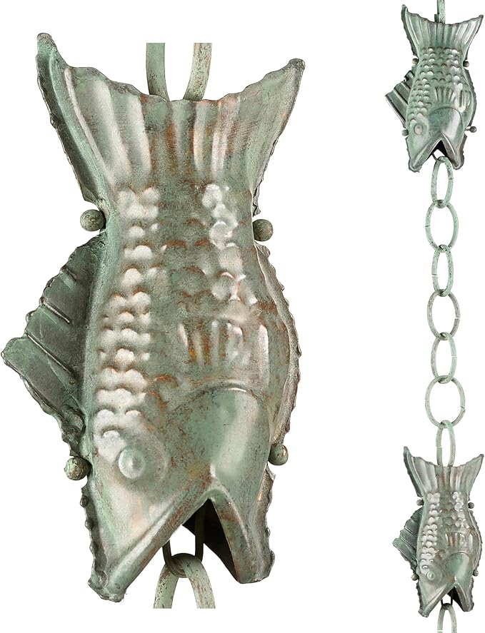 Good Directions 487V1-8 Fish Rain Chain 8-1/2 Feet Long, Large Wide Mouthed Fish, 100% Blue Verde Pure Copper