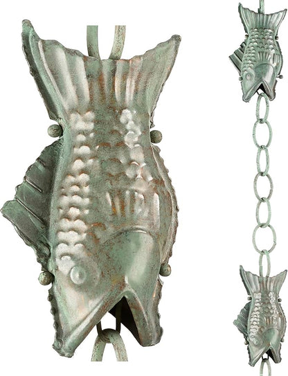 Good Directions 487V1-8 Fish Rain Chain 8-1/2 Feet Long, Large Wide Mouthed Fish, 100% Blue Verde Pure Copper