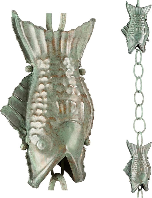 Good Directions 487V1-8 Fish Rain Chain 8-1/2 Feet Long, Large Wide Mouthed Fish, 100% Blue Verde Pure Copper