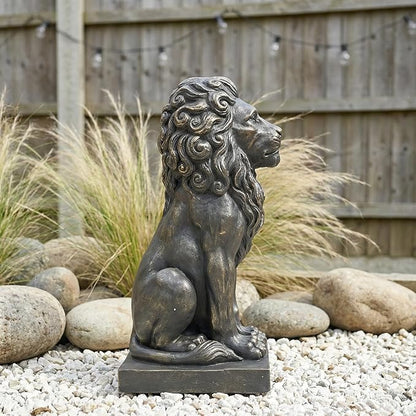 Sculptures Garden Statues, Outdoor Lion Statue 27in Tall, Magnesium Oxide Stone Composite Animal Sculpture Statue Decor for Home Decor Yard Patio Garden, Dark Gray with Gold Accents