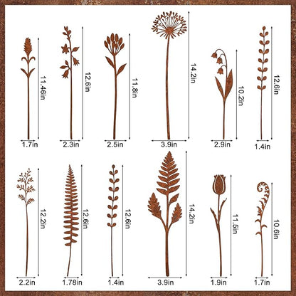 12 Pcs Rusty Metal Flowers and Plants, Rustic Metal Fern Leaf Garden Stakes, Rusty Plant Shaped Decoration for Flower Arrangement Potted Plants Outdoor Lawn Yard Courtyard Art
