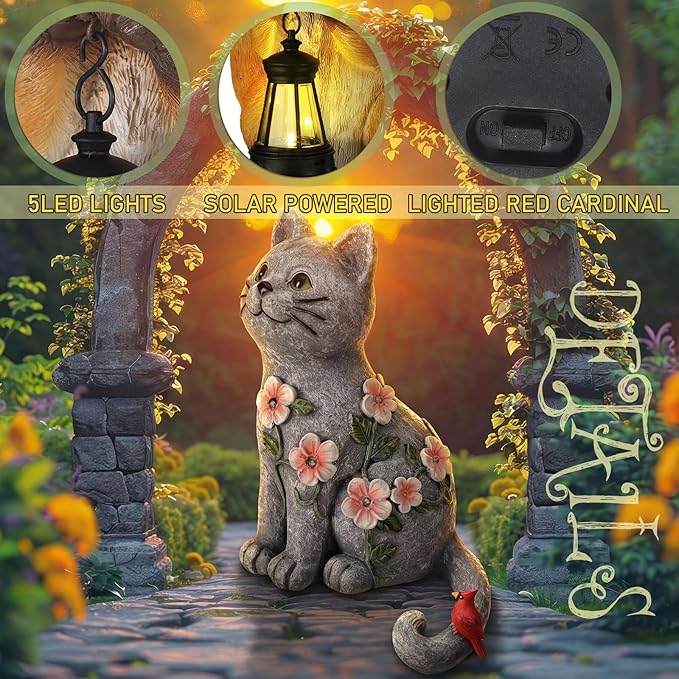 Amyhill Cat Outdoor Statues for Garden Decor Solar Light with Cardinal Flower for Outside Art Lawn Ornaments Porch Patio Balcony Home House Birthday Gifts for Grandma Mom Women