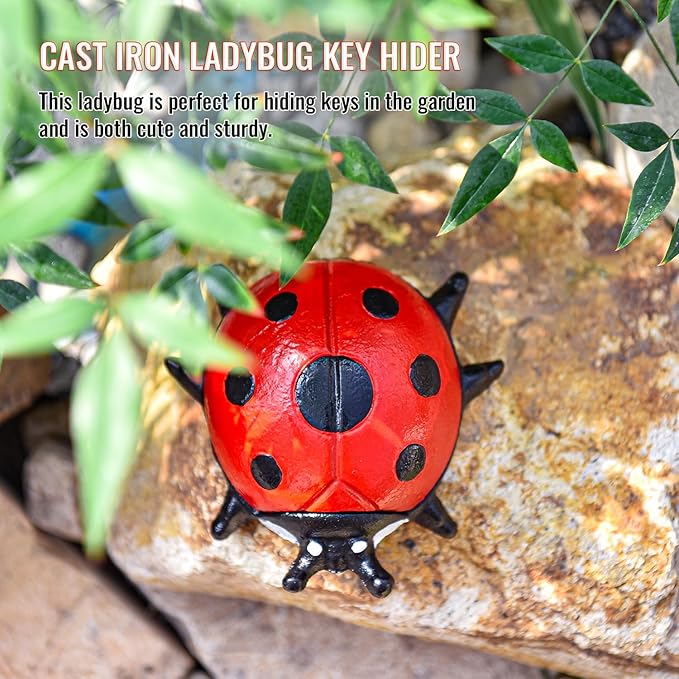 Sungmor Cast Iron Ladybug Key Hider, Hidden Key Holder for Indoor Outdoor, Hand Painted Garden Animal Statue Lawn Ornament, Decorative Jewelry Box Spare Key Hider for Shelf