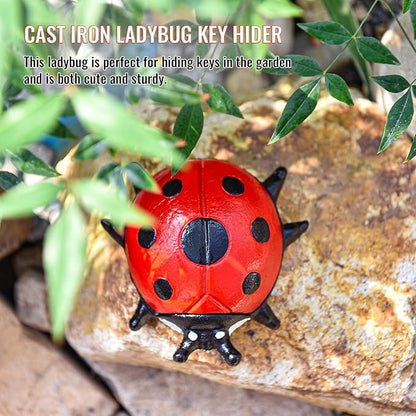 Sungmor Cast Iron Ladybug Key Hider, Hidden Key Holder for Indoor Outdoor, Hand Painted Garden Animal Statue Lawn Ornament, Decorative Jewelry Box Spare Key Hider for Shelf