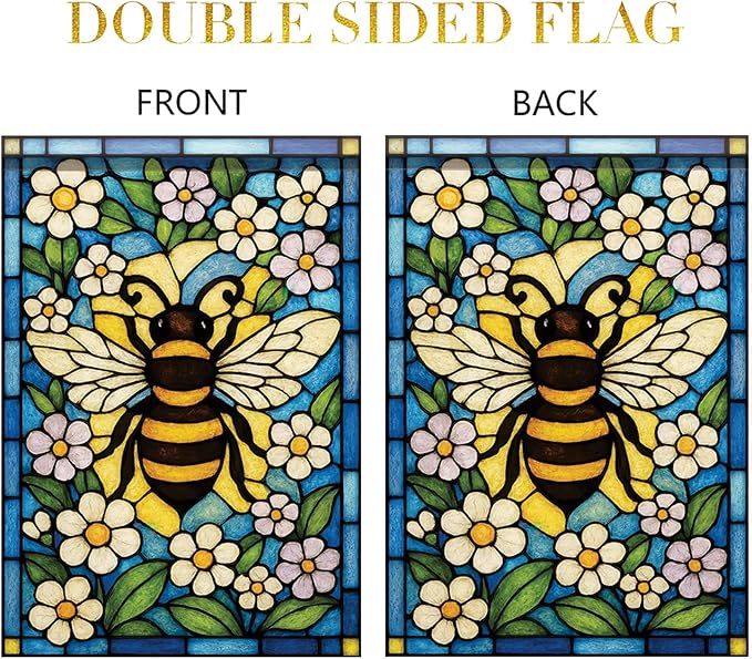Spring Summer Garden Flag 12x18 Inch Stained Glass Bee Floral Art Nature Pollinator Design Outdoor Yard Porch Lawn Garden for Seasonal Cottage Farmhouse Home Decor
