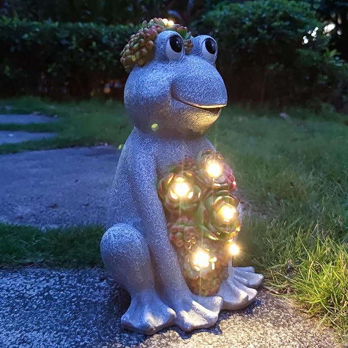 Solar Frog Garden Outdoor Statue with 8 LED Lights Mom Gifts Home Decorations,Fairy Garden Solar Figurines Lights, Resin Frog Decor Art Housewarming Gift for Patio,Yard,Lawn Ornament