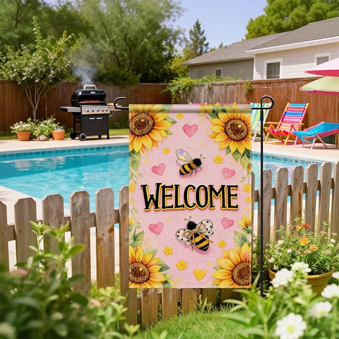 IVN Spring Summer Garden Flag 12x18 Inch – Welcome Sunflower Bee Outdoor Flag, Double Sided Burlap Farmhouse Yard Flag for Porch Lawn Patio Seasonal Home Decor