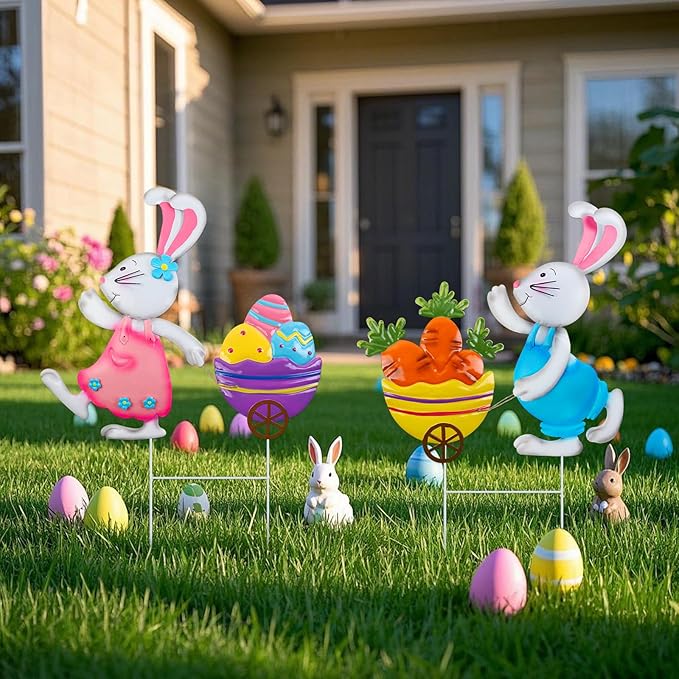 2 Pack Easter Bunny and Egg Lawn Stakes - Spring Bunny Yard Stakes with Metal Stakes for Easter Outdoor Yard Decor Easter Patio Stakes