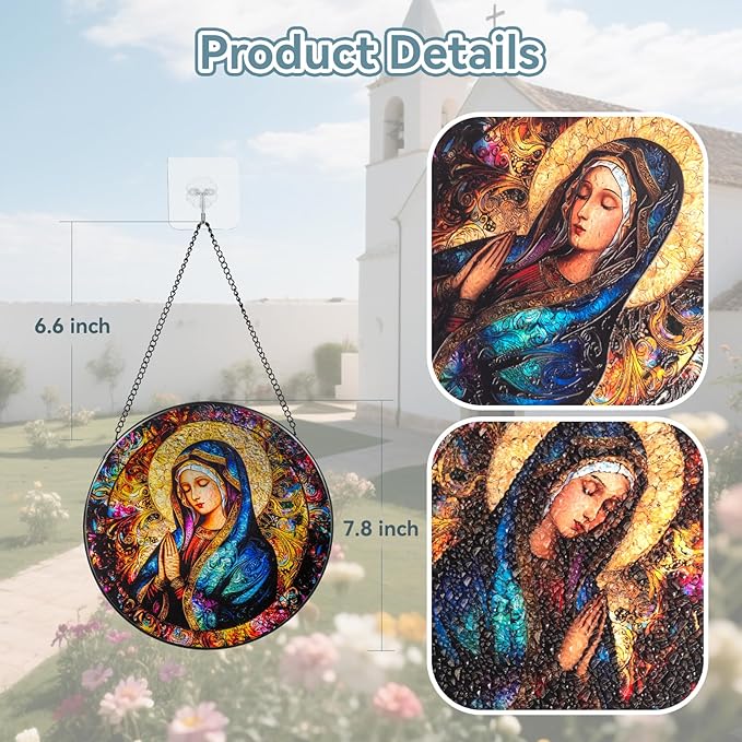 Suncatcher Stained Glass Window Hanging - Mother Mary Glass Panel with Metal Chain and Hooks Handmade Sun Catcher Decoration for Window Garden Home Christmas & Birthday Gifts (7.8 Inch)