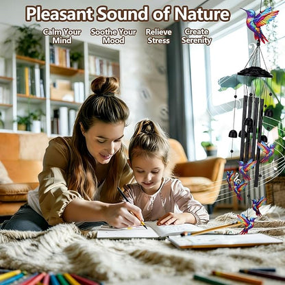 Hummingbird Wind Chimes for Outside Black Metal Windchimes Outdoors Hummingbirds Gifts for Women/Men Garden/Yard Decor Memorial/Birthday Gifts for Grandma/Mom Durable Chimes for Outdoors