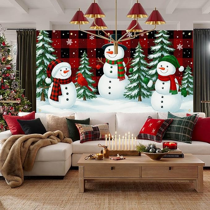 HOMETITUTE Christmas Garage Door Banner 13x6ft Winter Snowmen Buffalo Plaid Theme Backdrop Banners for Outside Indoor Winter Door Cover Garage Wall Covering for Party Garage Decorations