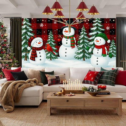 HOMETITUTE Christmas Garage Door Banner 13x6ft Winter Snowmen Buffalo Plaid Theme Backdrop Banners for Outside Indoor Winter Door Cover Garage Wall Covering for Party Garage Decorations