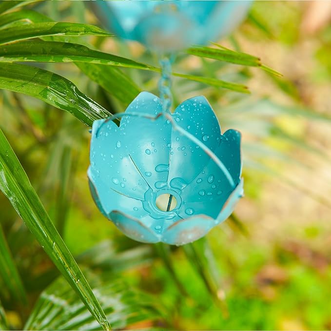 Topadorn Metal Rain Chain Decoration 8.5FT., Rain Catcher Metal Chain Gutter Downspout 104'' for House Eaves, Garden & Home, Flower Cups Garden Decoration,Lake Blue