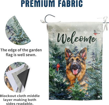 Welcome Winter Garden Flags German Shepherd Garden Flag Cardinal Birds on Snowy Pine Tree Flag Dog Yard Flags for Outside 12x18 Double Sided Christmas Decorative