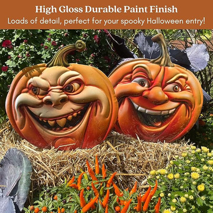 Clovers Garden Metal Halloween Pumpkin Yard Stakes (Set of 2) Smiling 3D Scary Vintage Look Lawn Signs - Duarable Weather Resistant