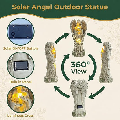 COWOS Angel Statue for Garden, Solar Angel Statue for Cemetery Decorations, Praying Angel Cross Memorial Statue, Memorial Garden Figurine Gift