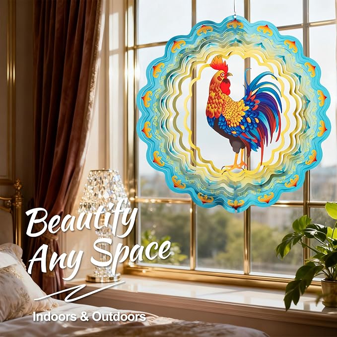 Stainless Steel 3D Chicken Wind Spinner Garden Yard Patio Porch Decor, Birthday Gifts for Women Mom Grandma, 12 Inch Hanging Rooster Wind Spinners Outdoor Chicken Coop Decoration
