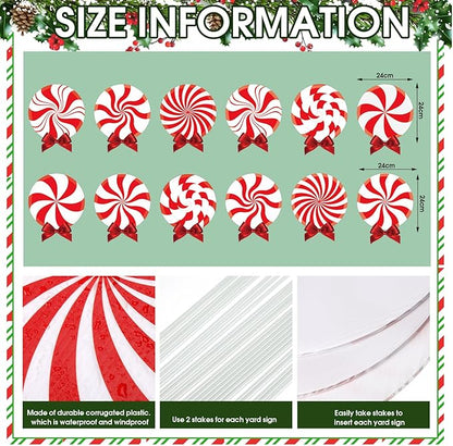 Glenmal 12 Pcs Christmas Outdoor Yard Signs Peppermint Corrugated Yard Decorations with Stakes and Bow Xmas Decorations Garden Sign Waterproof Cardboard Lawn Signs for Pathway Walkway (Peppermint)