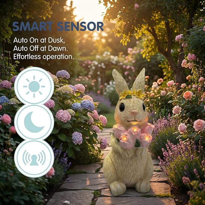 Solar Garden Statues Outdoor Decor,Rabbit Statue with Flowers and 5 LED Lights,Yard Decorations for Patio, Balcony, Backyard, Lawn Ornaments,Unique Birthday House Warming Gifts for Women, Mom, Grandma