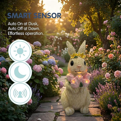 Solar Garden Statues Outdoor Decor,Rabbit Statue with Flowers and 5 LED Lights,Yard Decorations for Patio, Balcony, Backyard, Lawn Ornaments,Unique Birthday House Warming Gifts for Women, Mom, Grandma