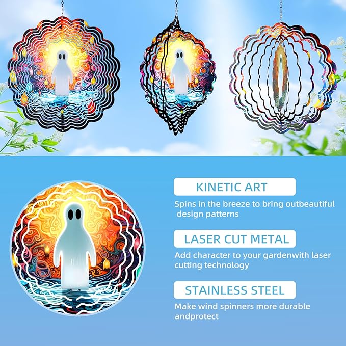 Halloween Decorations Outdoor 3D Wind Spinners Hanging,Metal Ghost Wind Spinner Holloween Gifts for Women Men,12 Inch Kinetic Wind Sculpture Outside Silhouette Balcony,Patio, Lawn,Yard,Garden Decor