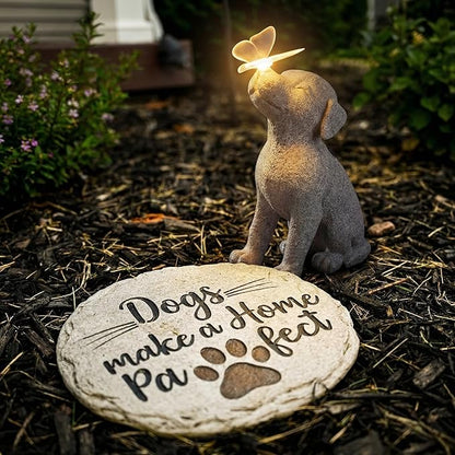 Lyeasw Dog Solar Statues with Butterfly - Waterproof Gray Dog Garden Decor for Patio, Yard, Porch- Cute Puppy Figurines with Solar LED Lights for Outdoor Decor, Pet Memorial Gift