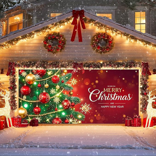 IVN Christmas Garage Door Cover Decoration 13x6ft Decorated Green Tree with Ornaments Red Holiday Merry Christmas Garage Door Banner Home Garage Door Front Yard Decor for Xmas Eve Holiday Outdoor