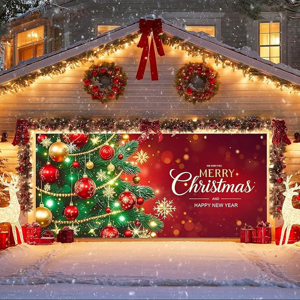 IVN Christmas Garage Door Cover Decoration 13x6ft Decorated Green Tree with Ornaments Red Holiday Merry Christmas Garage Door Banner Home Garage Door Front Yard Decor for Xmas Eve Holiday Outdoor