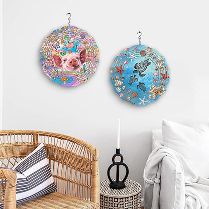 WIRESTER Hanging Wind Spinner 8 Inch, Metal 3D Wind Sculpture Ornament Decoration for Home Yard Garden Patio Balcony Indoor Outdoor - Playful Baby Pig