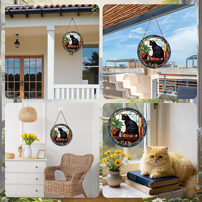 Rngmsi Black Cat Stained Glass Window Hanging Gifts for Women, 7.8″ Book Suncatchers for Indoor Window Decor, Decorative Sun Catchers Home Wall Art Gift for Thanksgiving Christmas Housewarming