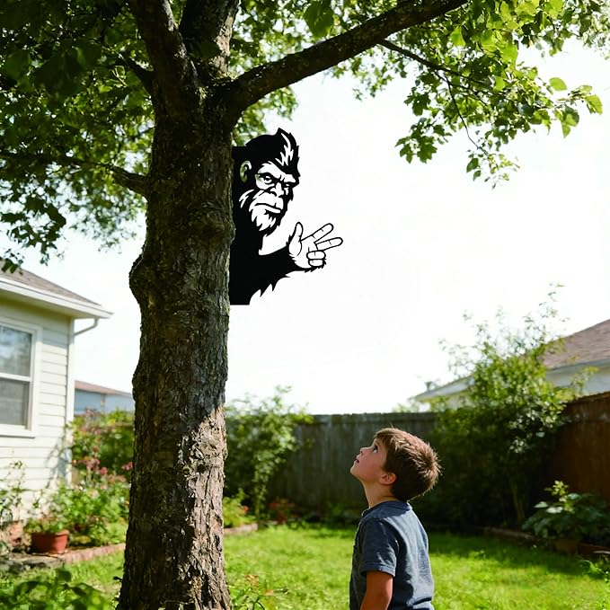 Matte Black Iron Bigfoot Tree Ornament with Pointing Hand Gesture – Outdoor Sasquatch Yard Decor for Tree Trunks, Garden Walls & Woodland Spaces, 15.8 x 10 Inches