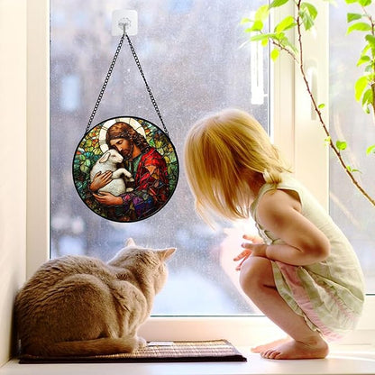 DASTOLL Stained Glass Window Hanging, Jesus Little Lamb Sun Catchers Colorful Glass Panel Christianity Suncatcher Decor for Birthday for Women, Men, Wife, Aunt, and Mom 6.3 in