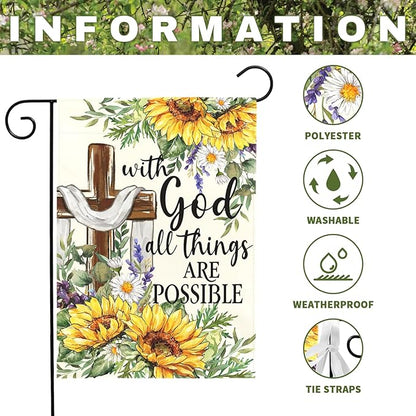 Summer Sunflower Christian Garden Flag with God All Things Are Possible Cross Floral Yard Flags Religious Faith Porch Decor Double Sided Spring Seasonal Front Lawn Decor 12x18 Inch