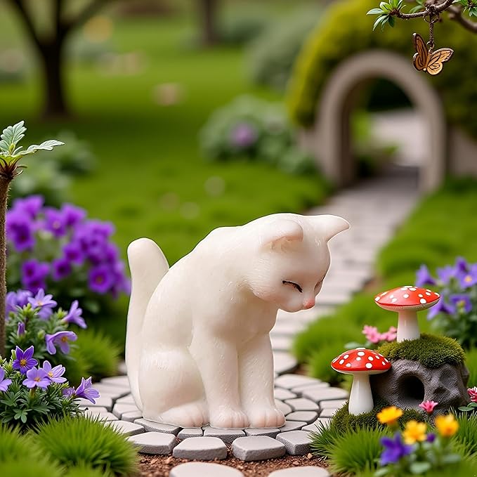 BWESOO White Miniature Cats Statue Micro Landscape Fairy Garden House DIY Terrarium Crafts Ornaments Accessories for Home Outdoor Statues