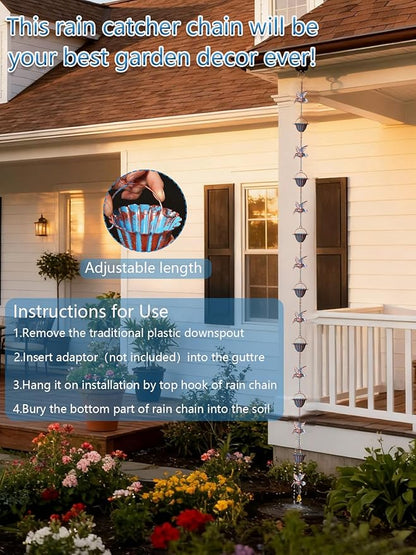Rain Chains for Gutters, 8.8ft Rain Catcher Chain with 7 Metal Cups & Hummingbird Decor, Adjustable Downspout Replacement for Roof Drainage & Decorative Water Collection(Hummingbird Blue)