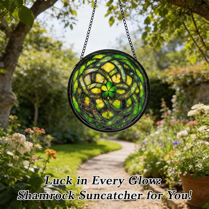 Stained Glass Windows Hanging - 6.3 Inch Shamrock Suncatcher, St Patricks Day Decorations for Window Home Door Wall Garden Outdoor and Mother's Day Birthday, Irish Gifts for Adults Women Men Mom