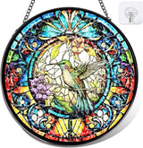 Hummingbird Stained Glass Suncatcher - Colorful Bird Sun Catcher Indoor Wall Decor Glass Panel Floral Window Hanging Ornament Gift for Mom, Grandma, Bird Lovers (8 inch)
