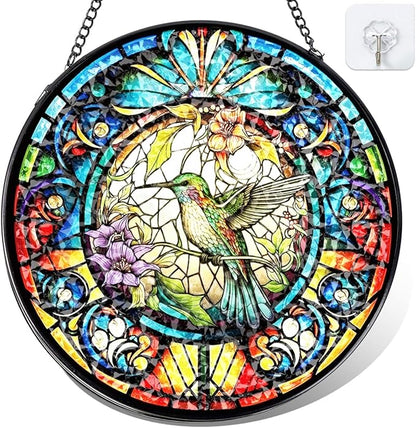 Hummingbird Stained Glass Suncatcher - Colorful Bird Sun Catcher Indoor Wall Decor Glass Panel Floral Window Hanging Ornament Gift for Mom, Grandma, Bird Lovers (8 inch)