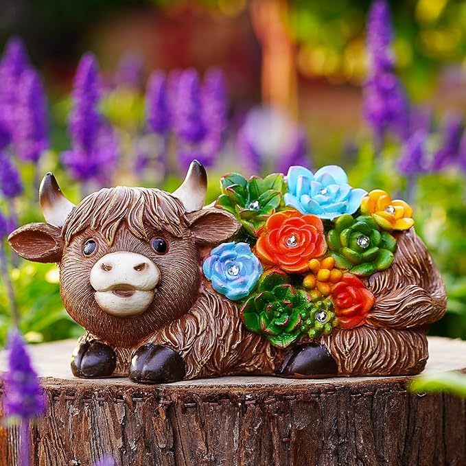Highland Cow Garden Statues with Succulent: Outdoor Decor with Lights for Patio Balcony Yard Ornament - Unique Gifts for Mom Grandman Woman(Brown)