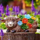 Highland Cow Garden Statues with Succulent: Outdoor Decor with Lights for Patio Balcony Yard Ornament - Unique Gifts for Mom Grandman Woman(Brown)