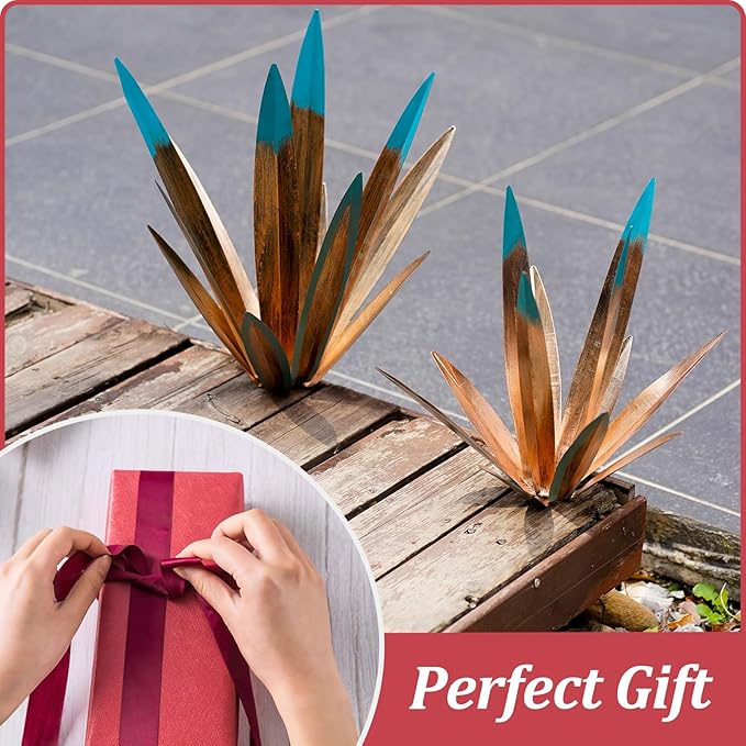 Tequila Rustic Sculpture, 2 Pack DIY Rustic Hand Painted Metal Agave Plant Home Decor, Yard Sculpture Statue, Garden Ornaments Outdoor Decor (Large)
