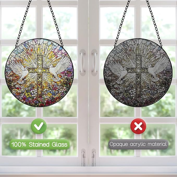 Stained Glass Window Hanging, 8 Inch White Pigeon Cross Suncatcher, Sun Catchers Indoor Window, Flowers Birds Cross Religious Home Garden Decor Glass Panel, Easter Faith Christian Gifts for Women Men