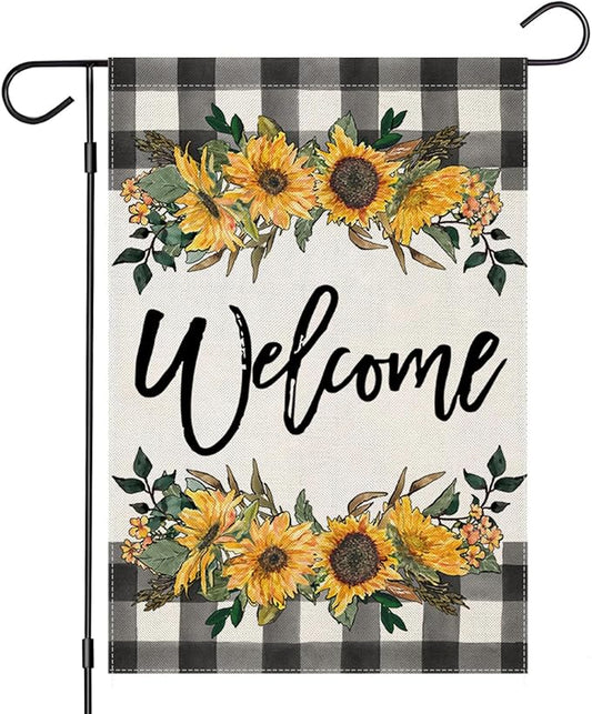 LARMOY Spring Welcome Garden Flag for Outdoor,12×18 Double Sided Black and White Buffalo Plaid with Sunflowers,Small Yard Flags for Summer All Seasons,Seasonal Farmhouse Outside Holiday Decor