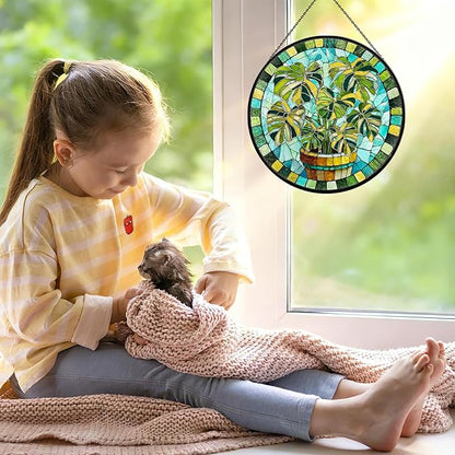 Stained Glass Suncatcher for Window, 7.9" Green Monstera Leaf Sun Catcher Hanging, Colorful Glass Panel Decor for Birthday, Christmas, Housewarming Gifts for Women & Men