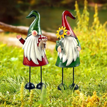 HONGLAND Metal Gnome Yard Art Outdoor Gnomes Garden Statue 18 Inch Gnome Figurine Decorative Stakes for Holiday Christmas Lawn Patio Yard Garden Decor-2 PCS