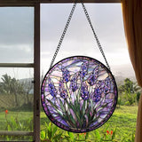 Stained Glass Window Hanging - Purple Flowers Suncatcher for Door Terrace Garden Home Decor Lavender Plant Floral Sun Catcher Birthday Gifts for Lovers Women Men Dad Mom Nana 6.3 in