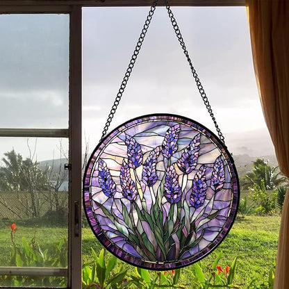 Stained Glass Window Hanging - Purple Flowers Suncatcher for Door Terrace Garden Home Decor Lavender Plant Floral Sun Catcher Birthday Gifts for Lovers Women Men Dad Mom Nana 15 in