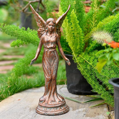 Sungmor Vintage Cast Iron Angel Statue - Rustic Decorative Figurine for Garden, Shelf or Mantel - 15.3" Tall Heavy Duty Patina Finish, Indoor/Outdoot Angel Sculpture