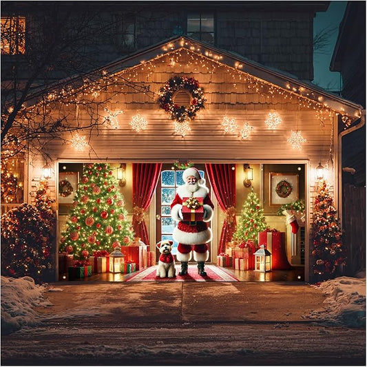 HOMETITUTE Christmas Garage Door Banner 13x6ft Santa Claus with Gift Box and Puppy Holiday Backdrop Winter Indoor Outdoor Scene Red Gold Green Tree Decor Wall Hanging Seasonal Party Porch